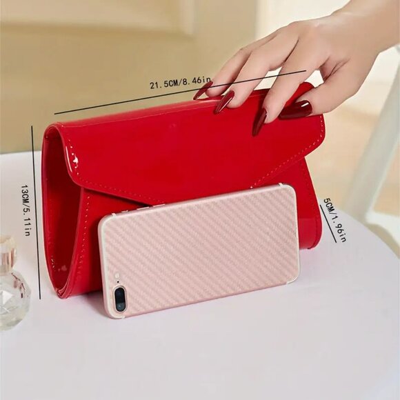 Elegant RED Patent Leather Clutch Purse - Evening Bag with Chain for Women - Picture 5 of 9